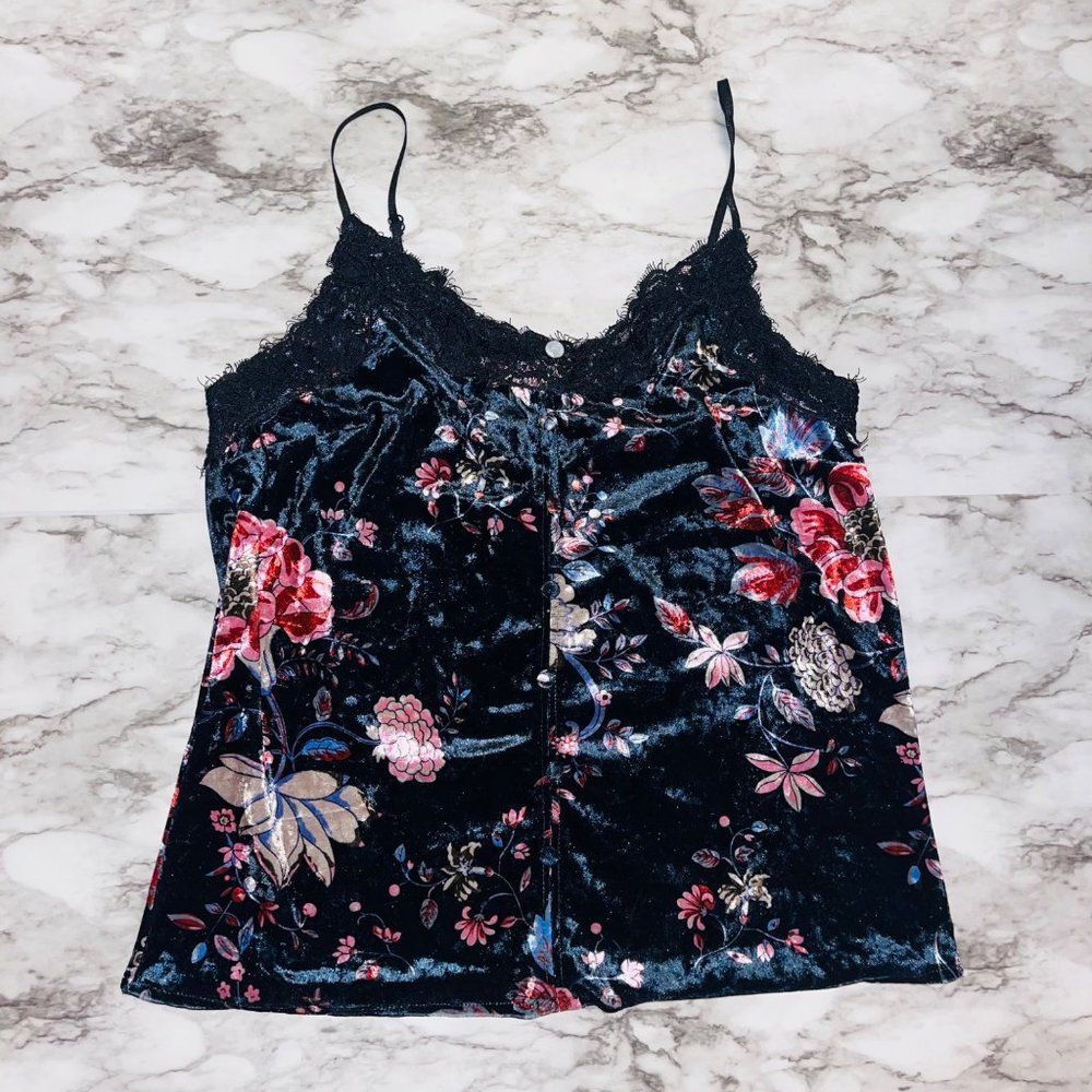 ESQUALO Velvet Floral Camisole Women Size 6 Black Spaghetti Strap Lace Trim